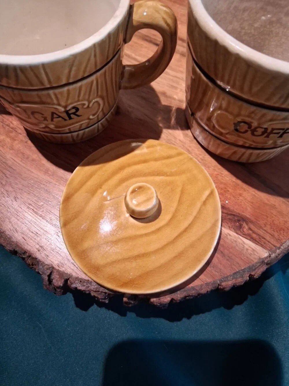 Vintage Royal Sealy Japan Faux Wood Grain Creamer Sugar Bowl Coffee Mug Set